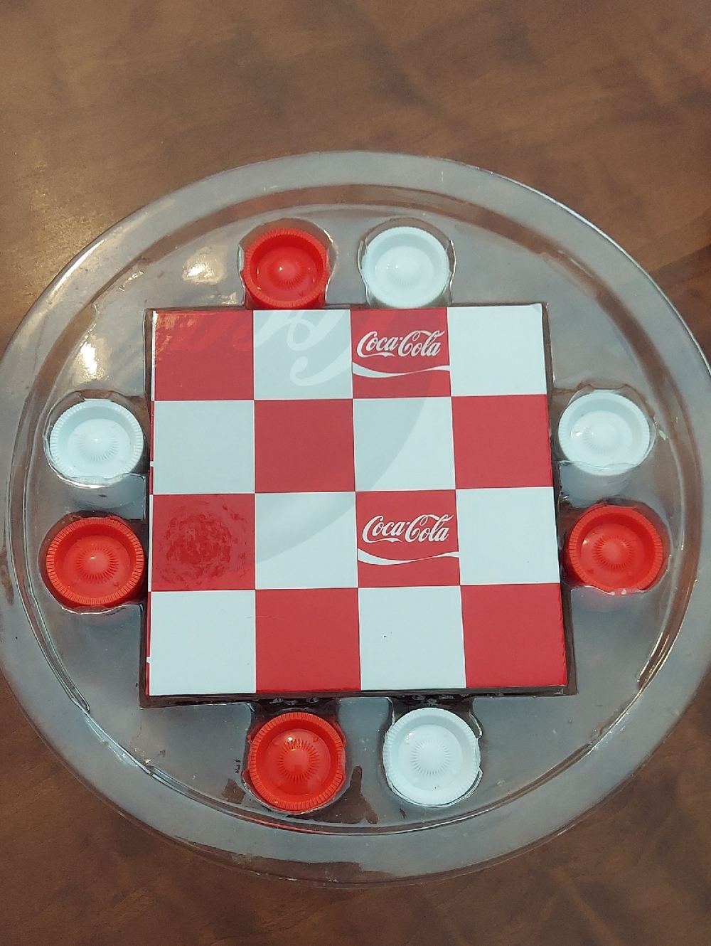 2010 Coca Cola Red and White Popcorn Tin Lid Checker Set 9x9"